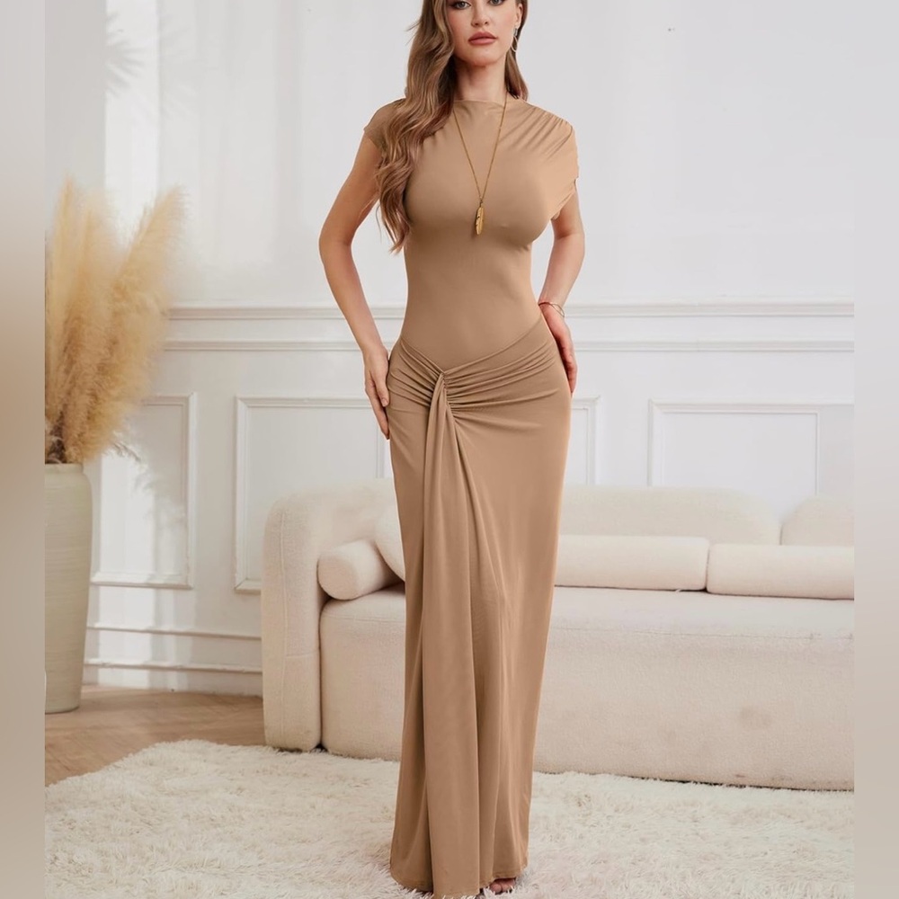 Twist-Waist Maxi Dress in Tan